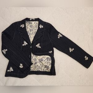Christopher & Banks navy blue & white quilted embroidered blazer jacket XL